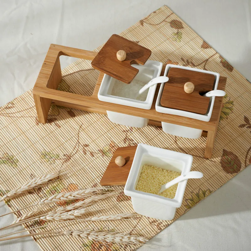 

Spice Container 3Sets/Pack Seasoning Ceramic Jar Spoon Bamboo Rack Holder Salt Pepper Spice Tin Flavoring Bottle