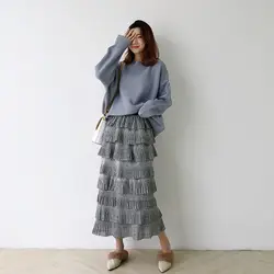 Длинная женская юбка 2018 осень весна с высокой талией плиссированная юбка Женская Корейская длина до середины икры Женская юбка N342D