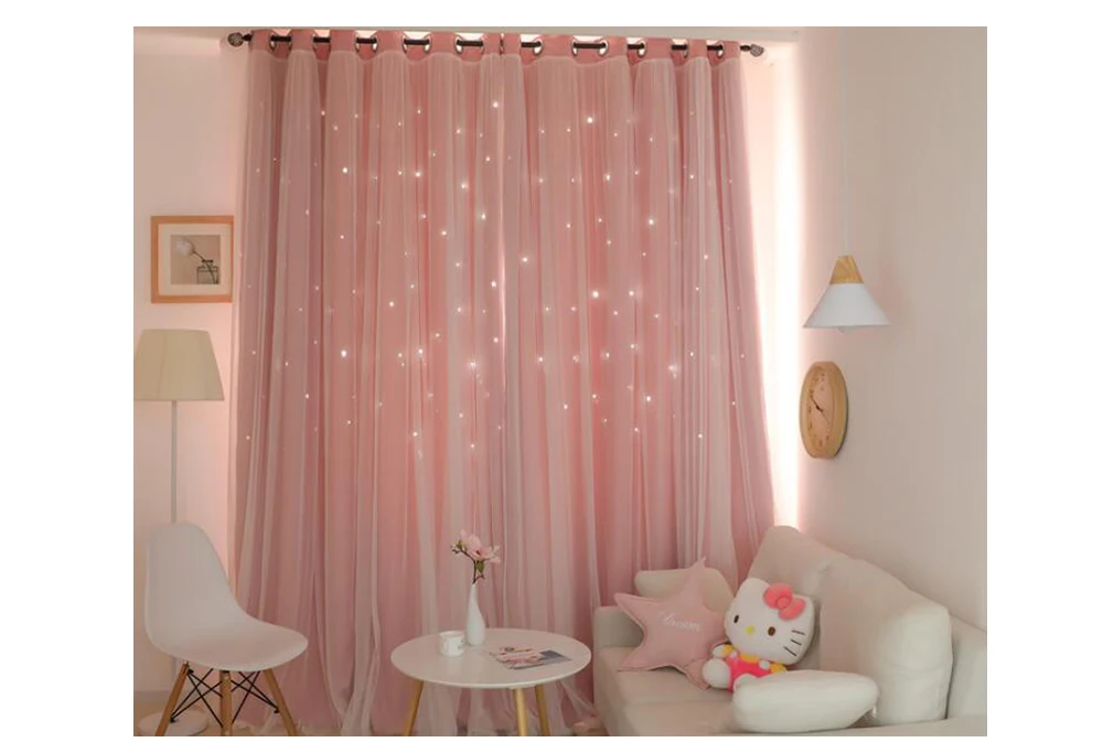 Однотонный комплект с полой звездой, затемненные шторы с белыми прозрачными коричневыми серыми розовыми зелеными шторами+ вуаль для спальни