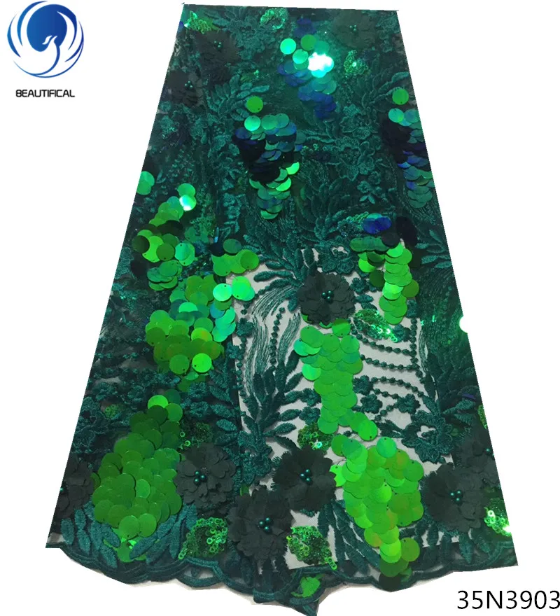 

Beautifical green sequin lace fabric flower 3d lace fabric sequin net lace embroidery glitter fabric 5yards/lot for dress 35N39