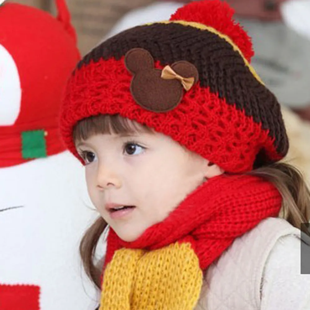 Детский набор из шапки и шарфа, зимние теплые шапки для девочек, детские вязаные шапки для детей, шапки с двойным шарфом