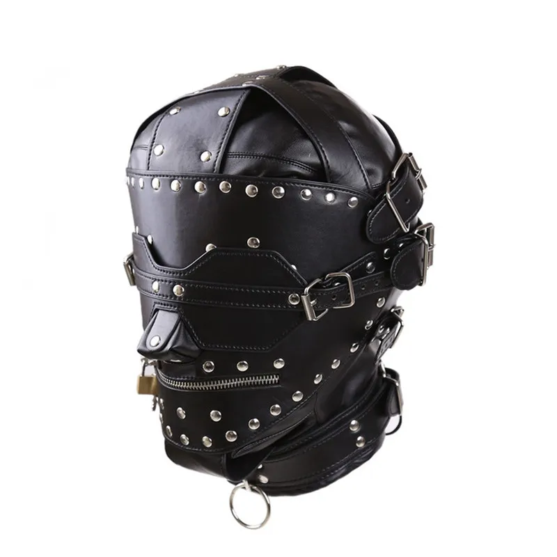 Pu Leather Bdsm Bondage Mask Full Head Harness Fetish With Blindfold And Zipper Locking Sex