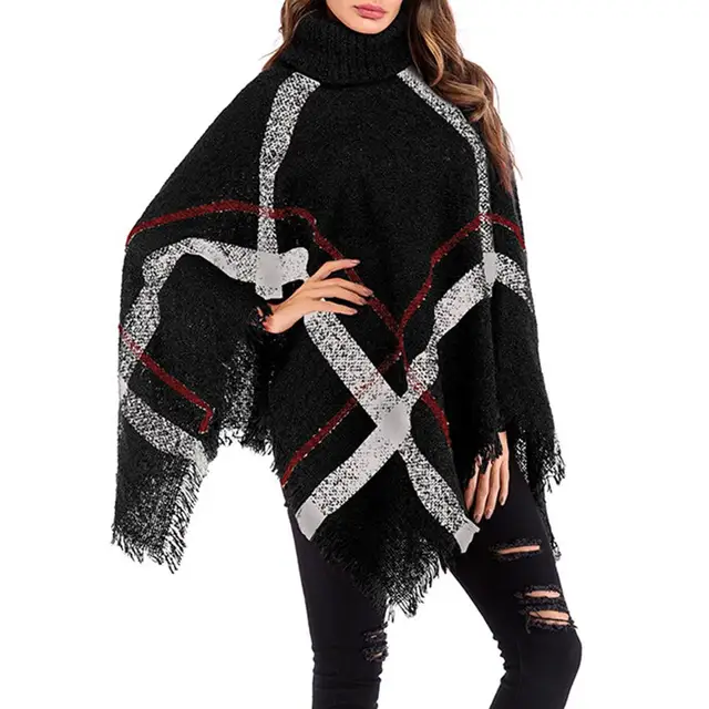 Best Product Fashion Winter Women Loose Striped Turtle Neck Irregular Tassel Shawl Knit Cloak 