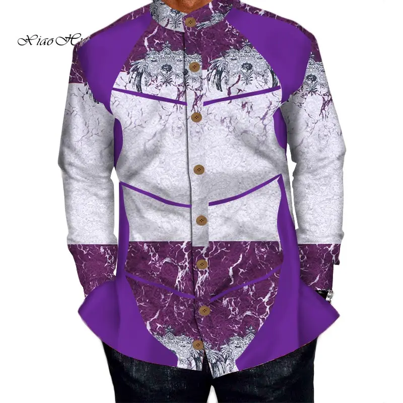New Men Long Sleeve Shirt Traditional African Clothing Bazin Riche Tops Men Casual African Print Shirt Coat WYN444