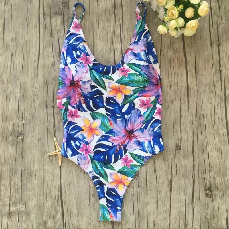 

Women Sexy One Piece Bikini Removable Padded Spaghetti Straps Monokini Bright Deep Colored Tropical Floral Digital Printing Swim