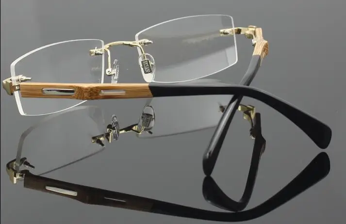 US $29.89 Pure Titanium Gold Rimless Myopia Nearsighted Distance Wooden Glasses Minus Eyeglass Frames 10 125 15 175 20 225