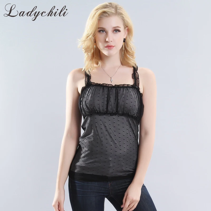 

Ladychili Women Intimates Summer Sleeveless Tank Top Basic Bodycon Vest Top Cute Lace Dot Skeleton Mesh Ruffles Camis Top S14