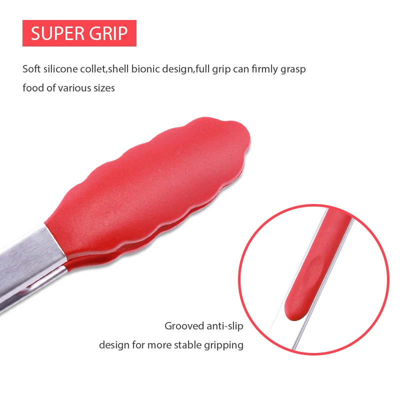 Food Tongs Silicone Stainless Steel Kitchen Non-slip Cooking Clip Clamp BBQ Salad Tools