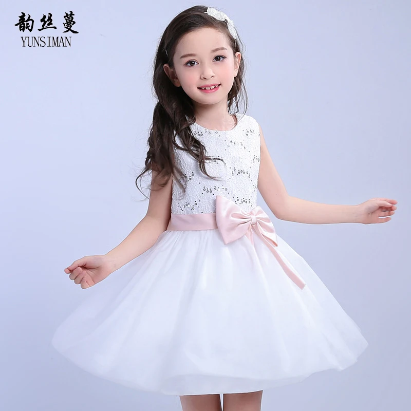 

2018 Summer Girls Lace Dresses Age 4 6 8 10 12 Years Kids White A-line Sequined Princess Dress Girls School Party Costume 11C05