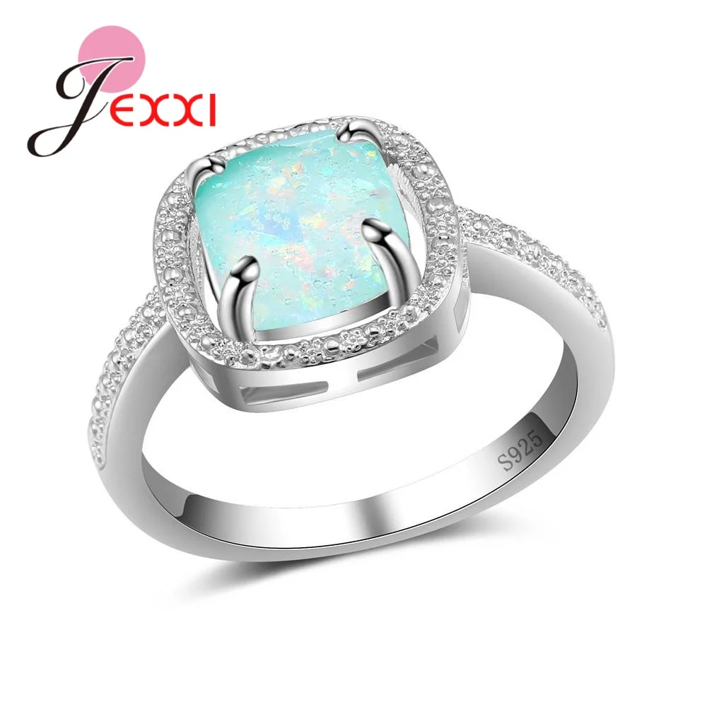 

JEXXI Sparkling CZ and Mystic Opal Stone Wedding Band Rings 100% 925 Sterling Silver Trendy Women Party Accessories Jewelry