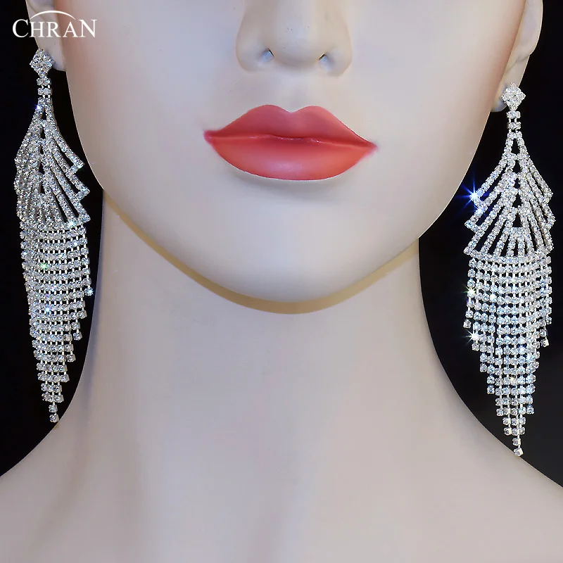 CHRAN Sparkling Wedding Jewelry Rhinestone Dangle Drop Earrings for Women Silver Plated Exaggerated Tassel Long Earrings Crystal