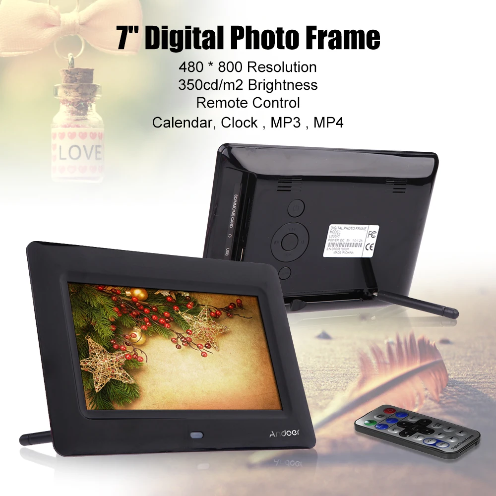 Andoer 7 ''HD TFT-LCD цифровая фоторамка с слайд-шоу часы MP3 MP4 видеоплеер с удаленным рабочим столом