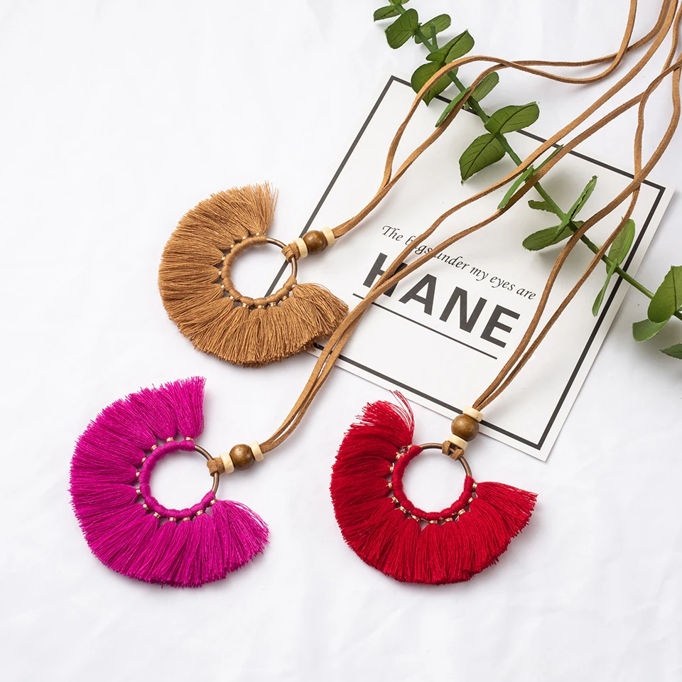 

Boho Bohemian Ethnic Leather Rope Round Tassel Pendant Necklace Choker Sweater Chain for Women 2018 Clothing Jewelry Accessories