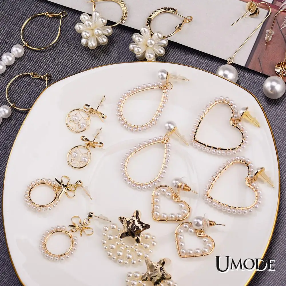 

UMODE New Fashion Gold Korean Pearl Earrings 2019 For Women Love Gift Round Heart Drop Dangle Earring Geometric Trendy Jewelry