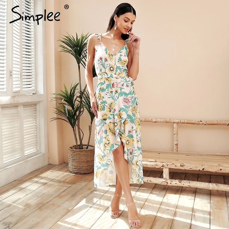 

Simplee Elegant v neck bohemian print dress Asymmetrical wrap dress ruffle long summer dress 2018 Sexy maxi vestido de festa