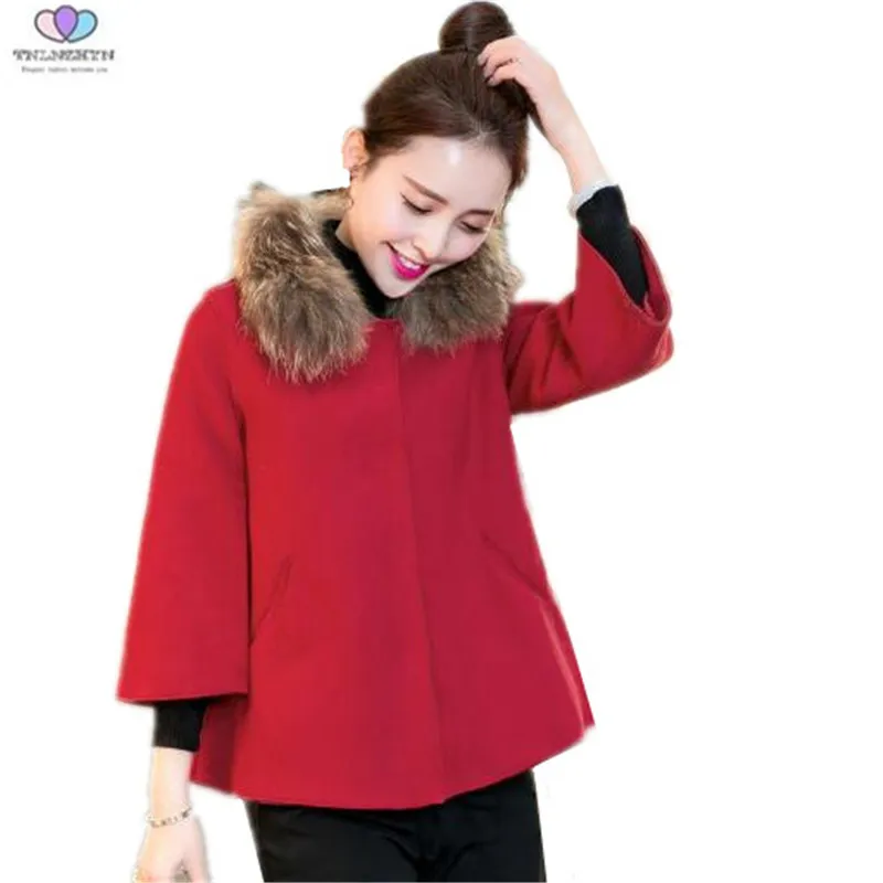 

2019 New Autumn Winter Women Woolen Coat Fashion Thick Fur Collar Short Woolen Coat Cloak Shawl Woolen Coat TNLNZHYN E362