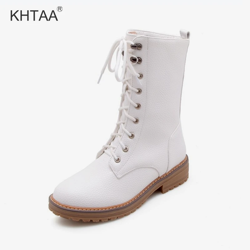 

Platform Plus Size Mid Calf Boots For Ladies Lace Up Sewing Low Heeled Autumn Waterproof Shoes Woman 2018 Winter Female Footwear