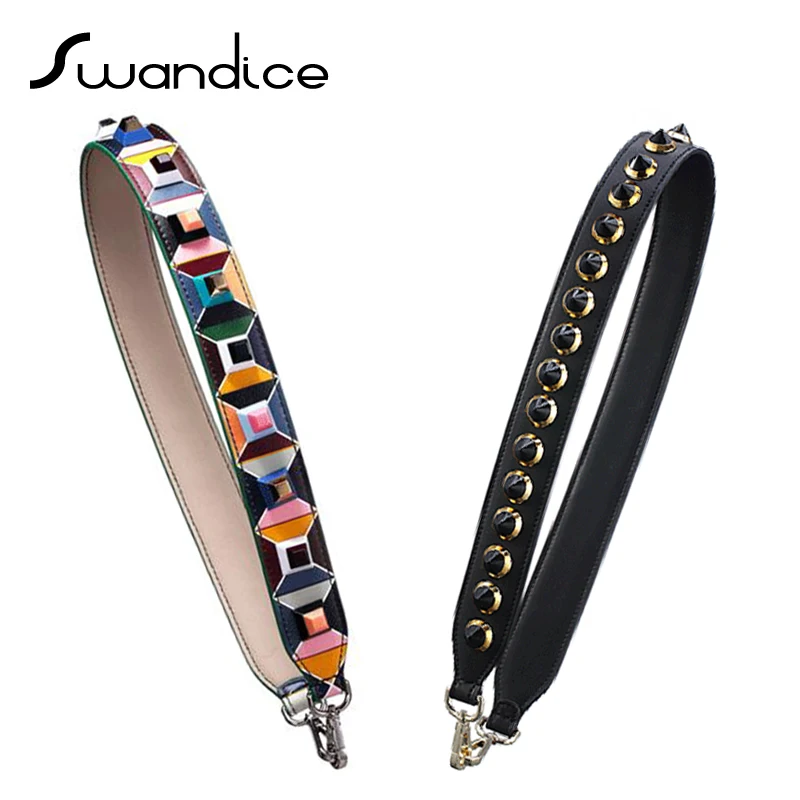 

Shoulder Strap Genuine Leather Lattice Checquer Rainbow Rivets Accessory Crossbody Messenger Shoulder Tote Bags Handbags Women
