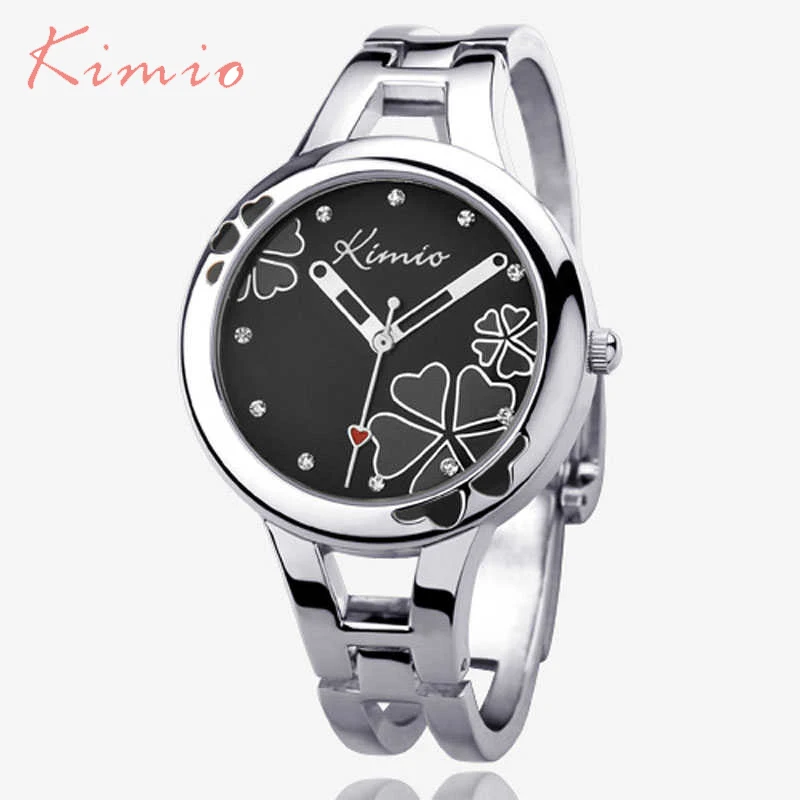 

Kimio Brand Women's Bracelet Watch Stainless Steel Clover Crystal Ladies Dress Watches Black Quartz-watch Relogio Feminino