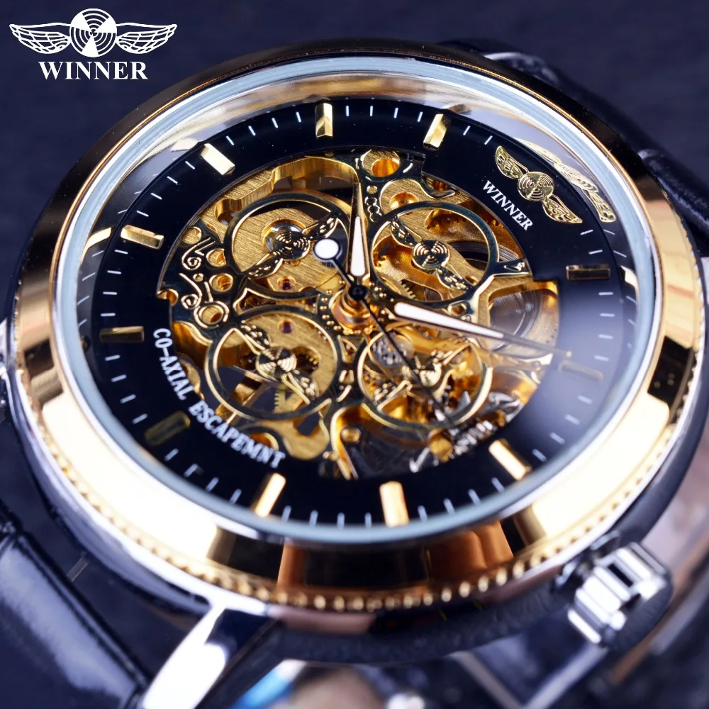 Case de Volta Esqueleto dos Homens Relógio de Pulso Vencedor Anel Designer Transparente Preto Ouro Relógios Marca Superior Luxo Mecânico 4