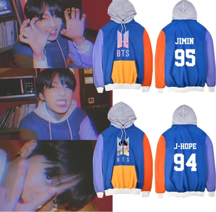 

KPOP Bulletproof Youth League with the same paragraph Tian Yiguo JUNG KOOK color matching retro long-sleeved hooded coat