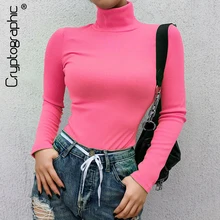 Криптографический ребристый длинный рукав Новая мода неоновый розовый однотонный водолазка повседневные футболки пуловер женские топы уличная одежда