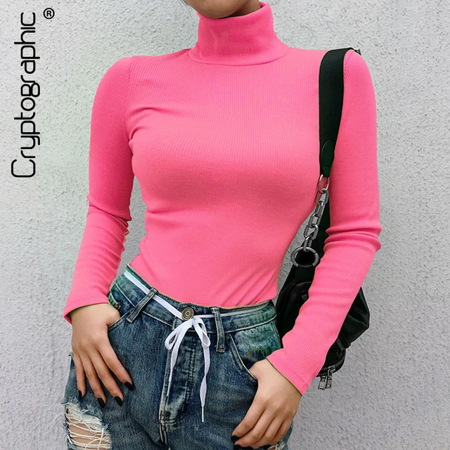 US $7.85 Cryptographic Ribbed long sleeve 2019 new fashion neon pink solid turtleneck casual t-shirts pullov