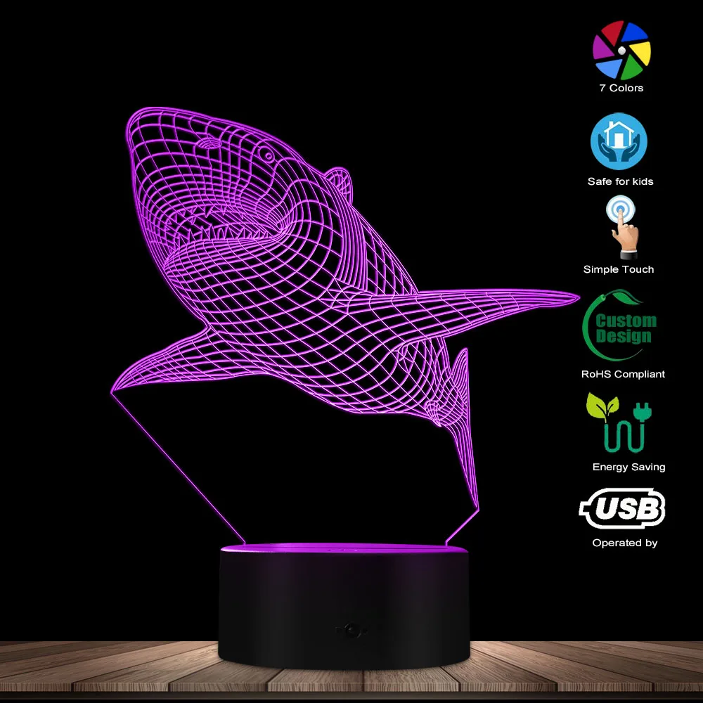 

Shark Sea Animal Acrylic Visual Table Lamp USB Color-changing Desk Light 3D Shark Marine Organism LED Night Light Novelty Lights