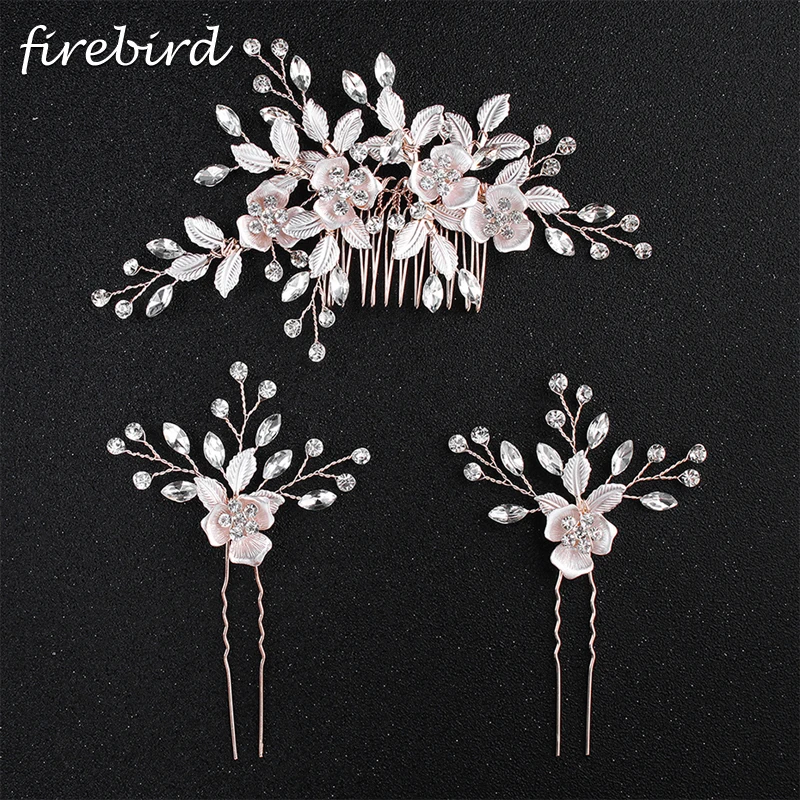 3pcs/Set Wedding Bridal Hair Accessories Rose Flower Crystal Comb And Hairpins Metal Leaves Clip Tiara Bride Costume | Украшения и