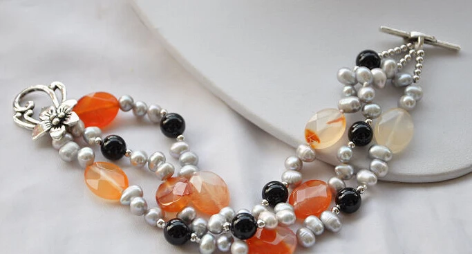 

0791 3row 8" black red agate bead gray rice pearl bracelet