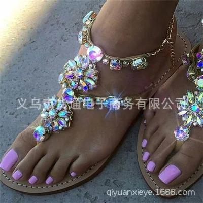 

IPCCM 2018 New Rhinestone Flat Sandals Fashion Quality PU Ladies Large Size Flat Sandals