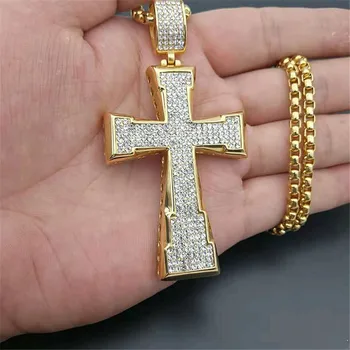 

Hip Hop Big Cross Pendant Necklace Male Gold Color Stainless Steel Iced Out Rhinestones Crucifix Necklace For Men Jewelry