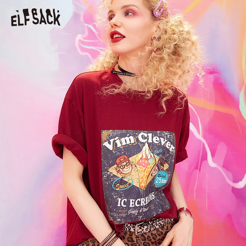 

ELF SACK Loose Casual Cotton Women Tops Fashion Hole Streetwear Female T-shirt 2019 New Oversized Cartoon Print Woman T-shirts