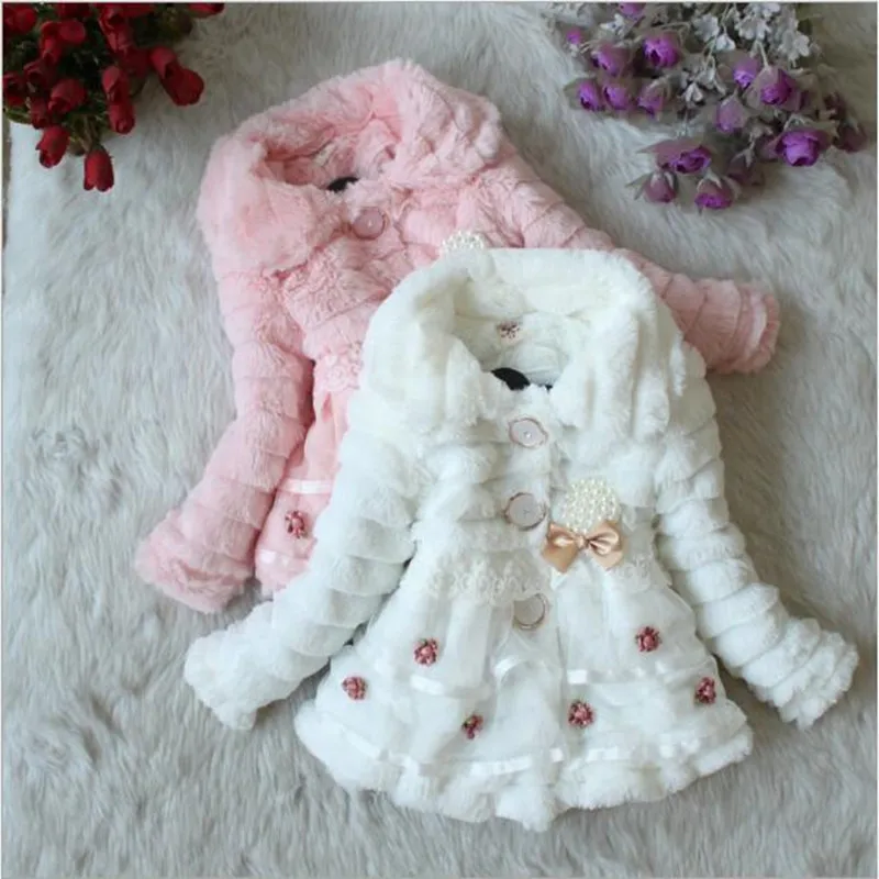 Girl Fur Coat Clothing With Pearl Lace Flower Autumn Winter Wear Clothes Baby Children Faux Dress Dresses Style Jacket QC967 | Детская