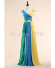 Yellow Blue And Turquoise Colorful Evening Dresses With Cap Sleeve Rhinestone Sash Floor Length A-Line Evening Gowns Sh0131