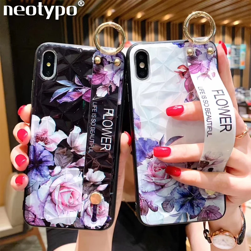 

Wrist Strap Soft TPU Phone Case For iphone 7 8 6 6s plus Case For iphone X Xs max XR Vintage Flower Pattern Holder Stand Case