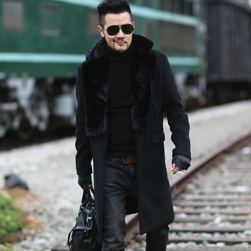 2017 Men new winter black woolen fur collar long coat