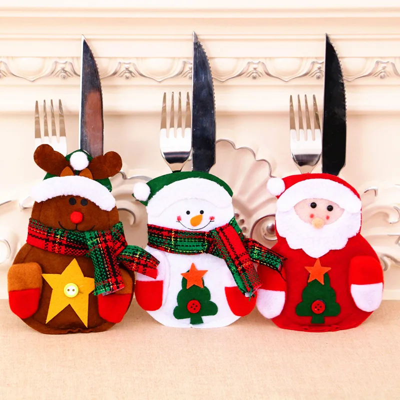 Santa Claus Snowman Elk Style Utensil Knives Forks Holder Cutlery Bag Pouch Christmas New Year Decor Tableware Supplies