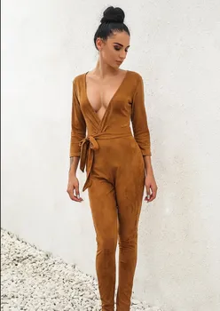 

2019 New Autumn Winter Women Suede Bandage Jumpsuits Sashes Sexy Deep V Neck Long Rompers Womens Party Club Rompers Overalls