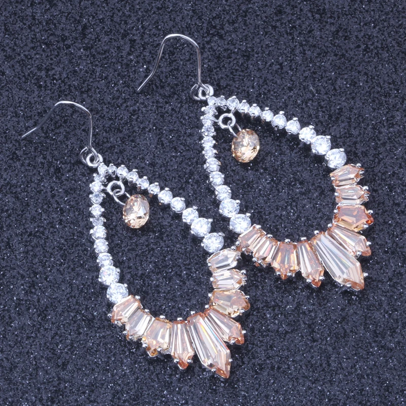 Free Shipping Wonderful Champagne Cubic Zircon Crystal Silver Colour Drop Earrings E375 | Украшения и аксессуары