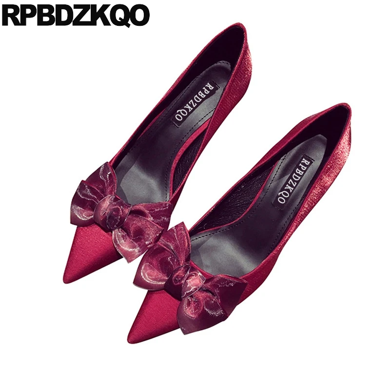 red satin bow heels