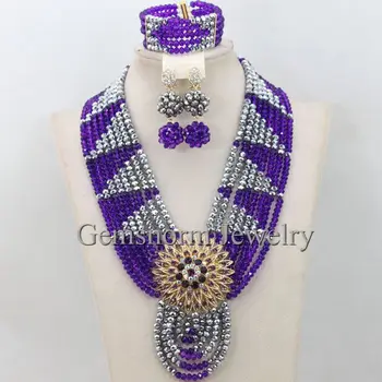 

Purple and Silver Wedding African Beads Jewelry Set Girls Chunky Necklace Sets Crystal Costume Jewelry Set Free Shipping WB893