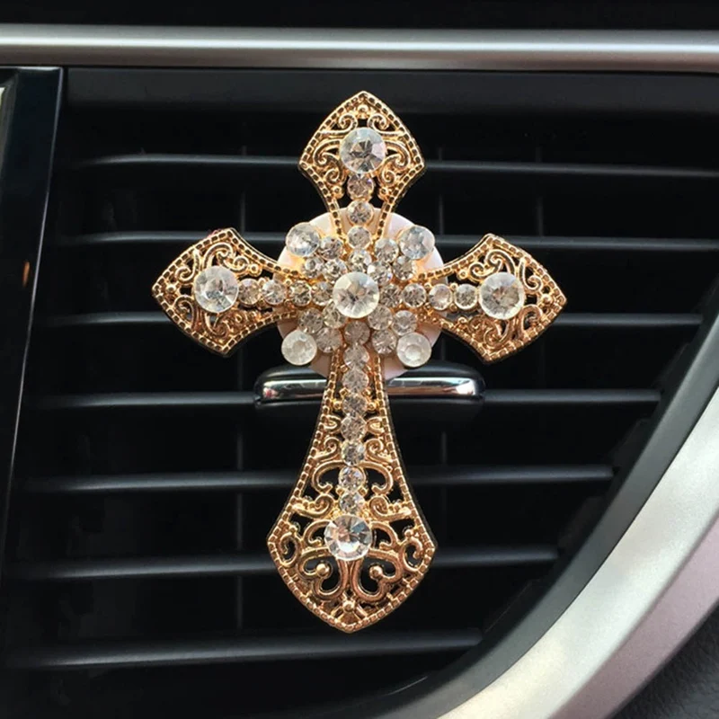 

Car Accessories Interior Car Air Freshener Rhinestone Cross Jesus Christian Vent Perfume Clip Aroma Car Smell Auto Decoration