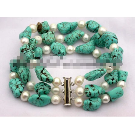 

z886 3strands 8" white freshwater pearl nature turquoise bangle bracelet @^Noble style Natural Fine jewe SHIPPING new >>free shi
