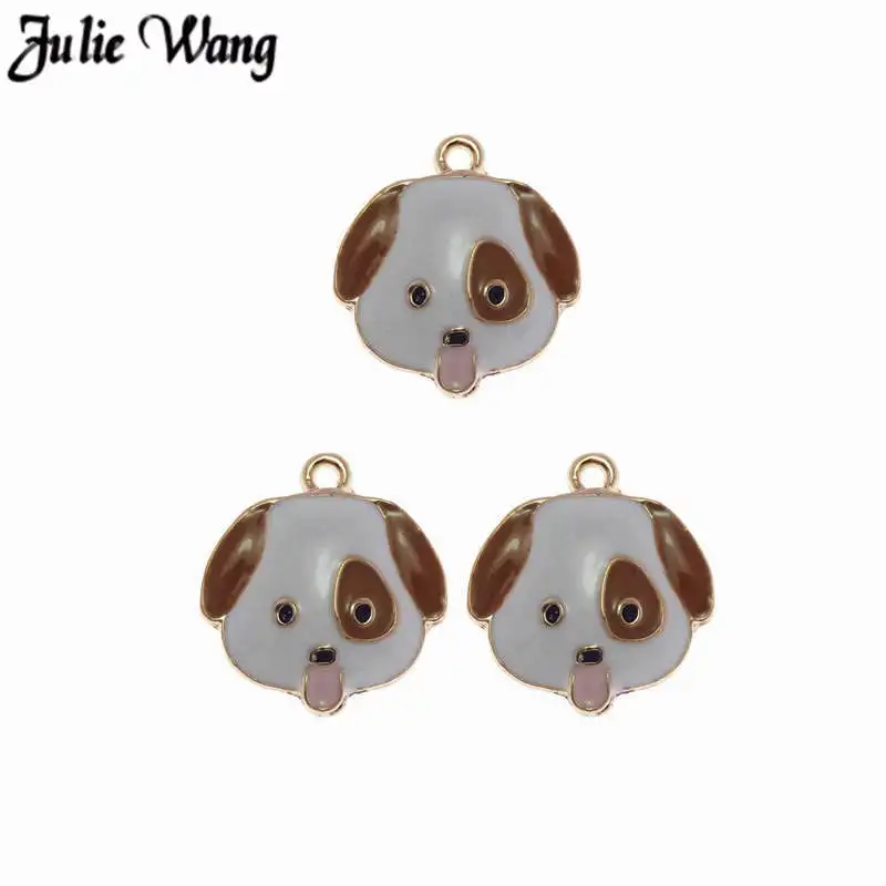 Julie Wang 5-15pcs Zinc Alloy Enamel Dog Head Charms Puppy Pet Bracelet Pendants Jewelry Craft DIY Keychain Women Bag Decor