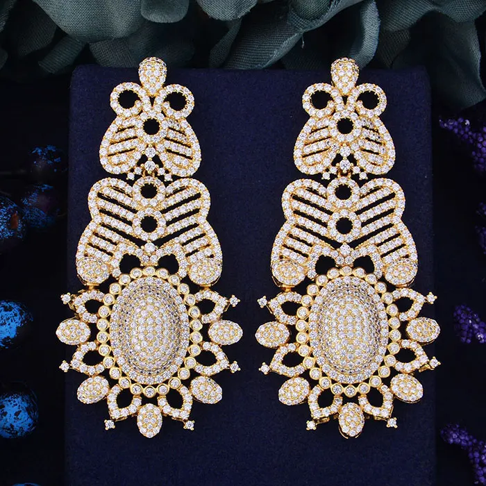 GODKI 62 мм Роскошные Модные бабочки Подсолнух кубический цирконий Naija Свадебная вечеринка серьги-кольца, модные ювелирные украшения для женщин - Окраска металла: GOLD