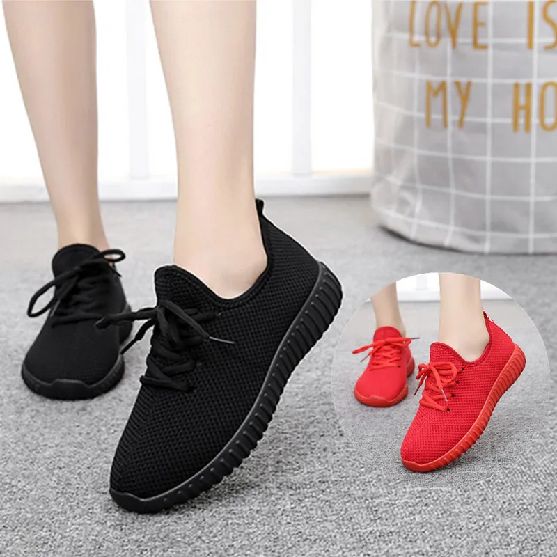 

2019 Spring New Women casual shoes fashion breathable lightweight Walking mesh lace up flat shoes sneakers women