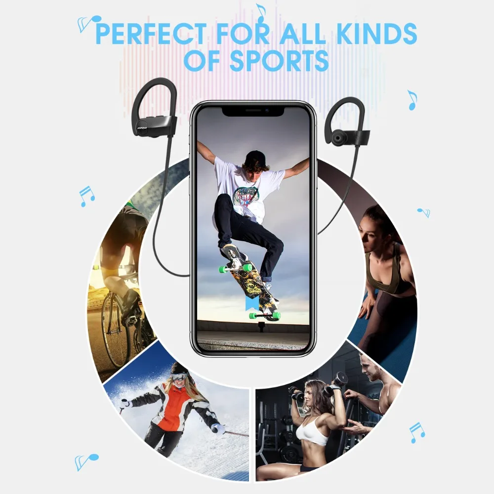 Mpow D7 2nd Version Bluetooth Wireless 4.1 Headphons IPX7 Waterproof Sport Earphones 10-12H Playing Time For iPhone Xs Xr Xiaomi