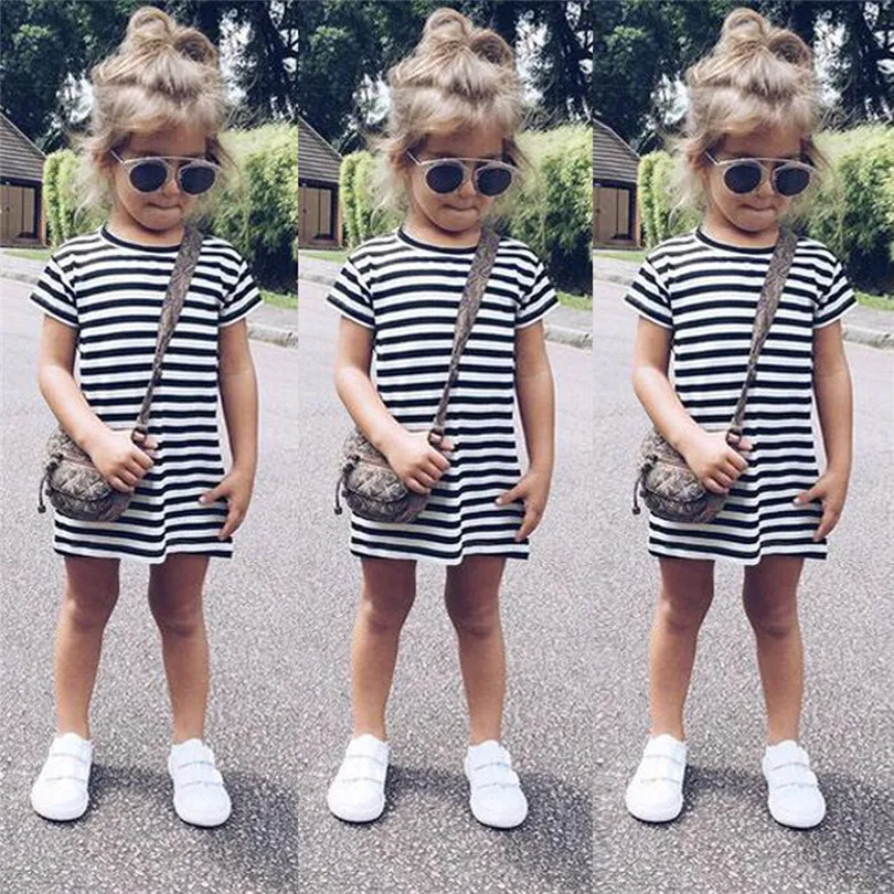 2019 new cute Toddler Baby Kid Girl Casual Short Sleeve Party Striped Princess Dresses Clothes fashion design (3)