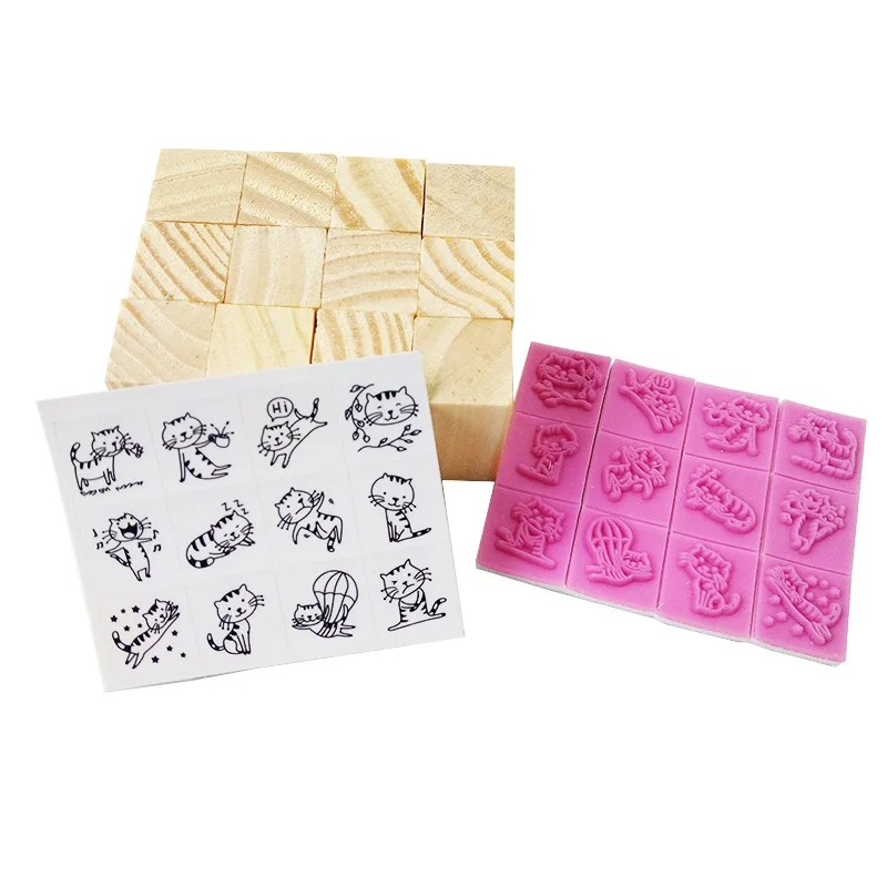 12 Pcs/set Cute Cat MiniDIY Wooden Rubber Stamp Set Crafts Handmade Decal Scrapbooking Photo Album Clear Stamps